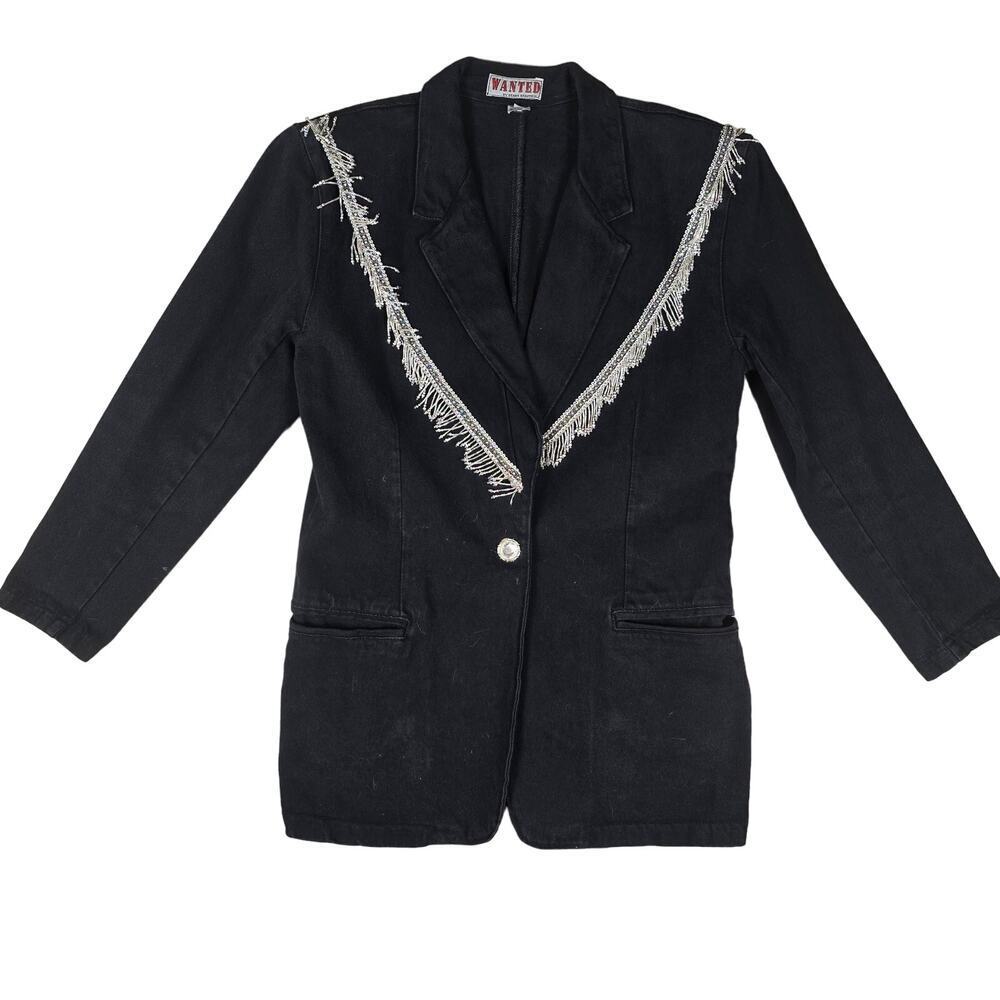 VTG Wanted Western Denim Jacket WIth Beaded Fringe Medium Black